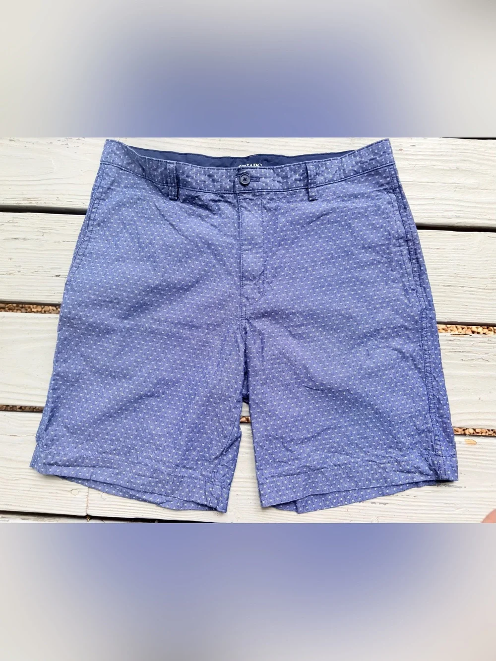 Chaps Flat-Front Chino Shorts 100% Cotton Monroe Blue White Dots Sz 34 Inseam 9”